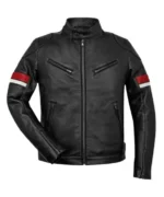 Men’s Black Leather Red and White Striped Cafe Racer Jacket