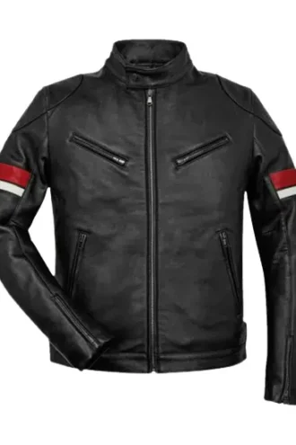 Men’s Black Leather Red and White Striped Cafe Racer Jacket