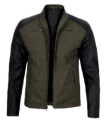 Men's Green Cafe Racer Jacket with Black Leather Sleeves