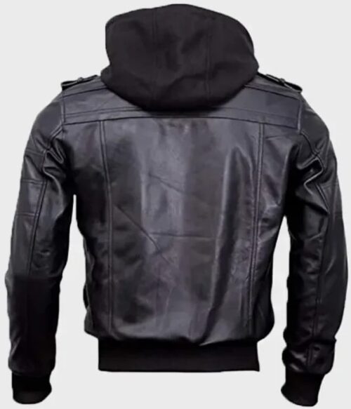 Mens Black Bomber Hooded Leather Jacket