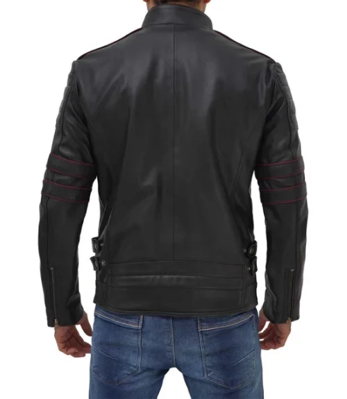 Men's Black Cafe Racer Motorcycle Genuine Leather Jacket with Red Stripes