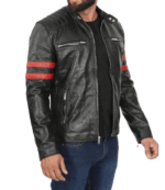 Mens Cafe Racer Black Leather Jacket with Red Stripes