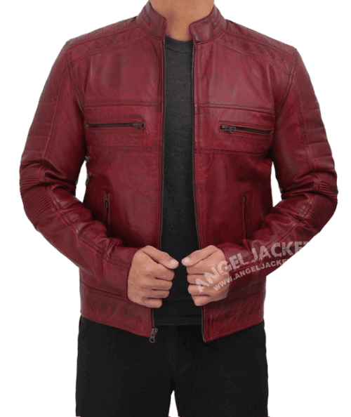 Maroon Cafe Racer Real Leather Jacket Mens with Padded Shoulders