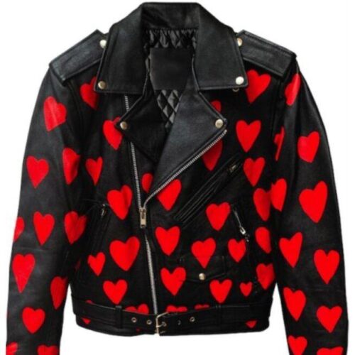 Heart Printed Black Leather Jacket