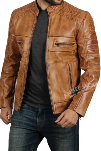 Men's Distressed Tan Cafe Racer Real Leather Jacket