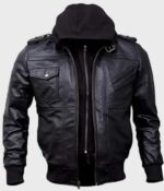 Mens Black Bomber Hooded Leather Jacket