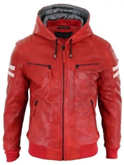 Mens Red Bomber Hooded Leather Jacket