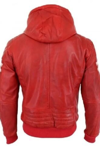 Mens Red Bomber Hooded Leather Jacket
