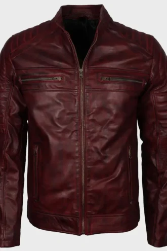 Mens Vintage Cafe Racer Maroon Waxed Leather Jacket