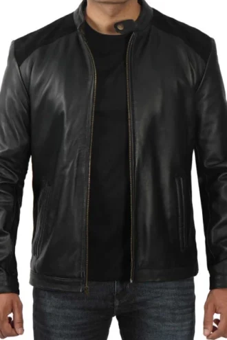 Mens Classic Black Leather Cafe Racer Jacket