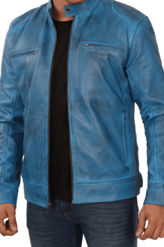 Dodge Cafe Racer Blue Leather Jacket Men