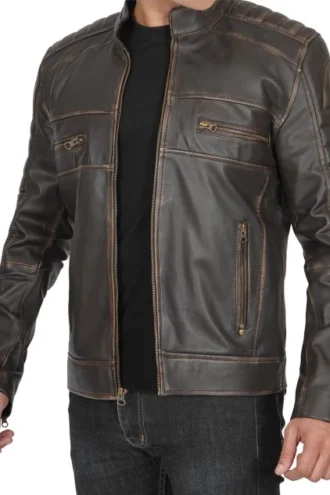 Men's Distressed Dark Brown Cafe Racer Real Leather Jacket