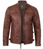 Mens Cognac Brown Cafe Racer Quilted Leather Jacket