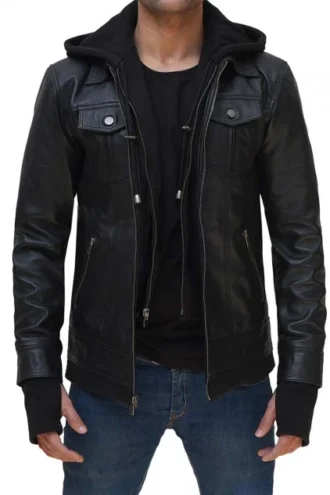 Mens Black Bomber Leather Jacket With Hoodie