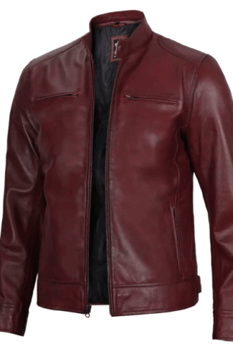 Mens Maroon Leather Cafe Racer Motorcycle Jacket