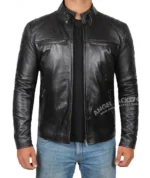 Black Real Leather Cafe Racer Jacket