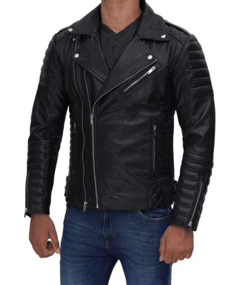 Mens Biker Style Asymmetrical Real Black Leather Jacket
