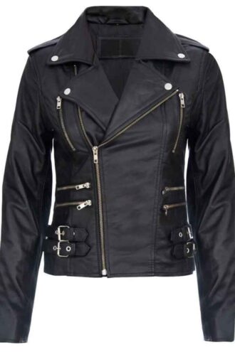 Women's Black Retro 100% Nappa Real Leather Biker Jacket Soft Multi Zip Coat