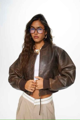 Ladies Cropped Vintage Bomber Brown Leather jacket women, Women Short Body Style Jacket, Casual wear, Gift for Women, Handmade Brown Leather