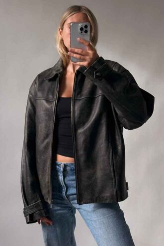 Women Casual Wear Oversize Genuine Black Leather Jacket, natural leather
