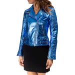 Italian handmade Women genuine leather biker jacket metallic cobalt blue