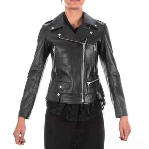 Italian handmade Women genuine leather biker jacket slim fit black