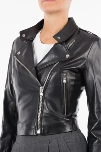 Italian handmade Women genuine soft lambskin leather trendy cropped biker jacket slim fit color Black