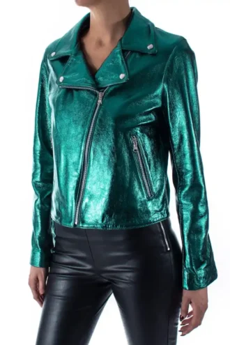 Italian handmade Women genuine lambskin leather biker jacket slim fit Metallic Teal