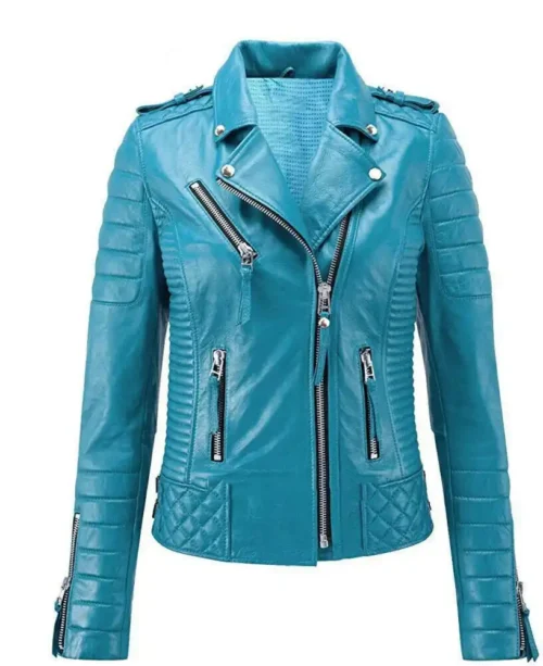 Women's Genuine Lambskin Leather Aqua Jacket Motorcycle Slim Fit Biker Jacket