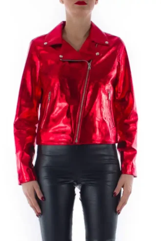 Italian handmade Women genuine lambskin leather biker jacket slim fit Metallic Red