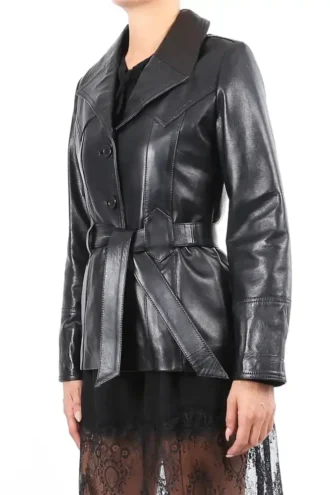 Italian handmade Women soft genuine lambskin leather belted coat jacket color Black