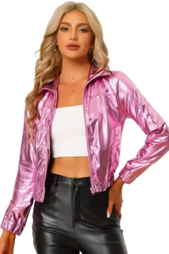 Allegra K Women's Track Holographic Shiny Long Sleeve Metallic Zip Front  Jacket - Leather Movie Jackets, Hollywood Jackets, Cosplay Costume Jackets