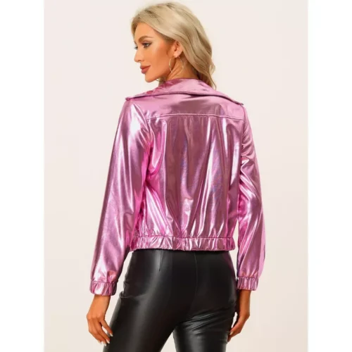 Allegra K Women's Track Holographic Shiny Long Sleeve Metallic Zip Front Jacket