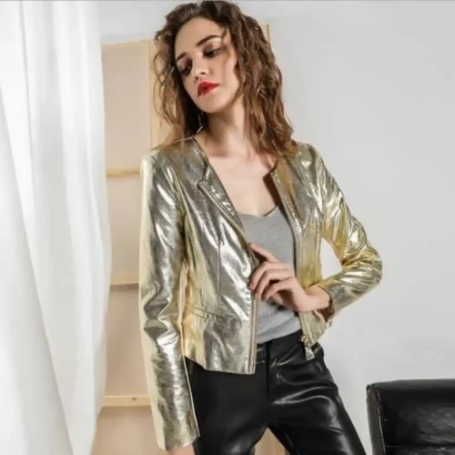Women Gold Metallic Foil Motorcycle Biker Leather Jacket