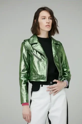 Women's Green Metallic Foil Biker Leather Jacket, Women's Green Leather Jacket, Green Metallic Foil Leather Jacket for Women