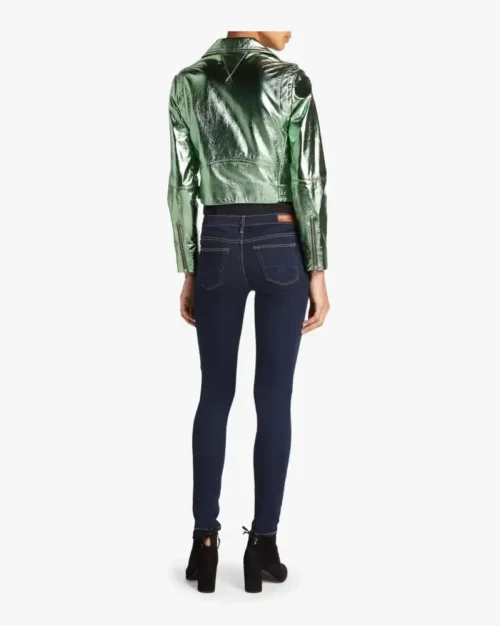 Women's Green Metallic Foil Biker Leather Jacket, Women's Green Leather Jacket, Green Metallic Foil Leather Jacket for Women