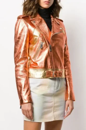 Women Orange and Gold Two Tone Metallic Foil Casual Motorcycle Biker Leather Jacket with Two Tone Leather Petite Belt