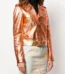 Women Orange and Gold Two Tone Metallic Foil Casual Motorcycle Biker Leather Jacket with Two Tone Leather Petite Belt