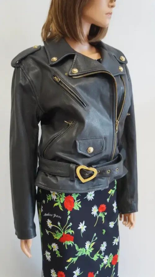Moschino Cheap chic leather jacket, black subtitles jacket biker, Nessuno e perfecto vintage leather jacket,