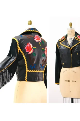 Vintage 90s Black Leather Jacket by Moschino Cheap & Chic with Fringe Red Roses Flowers