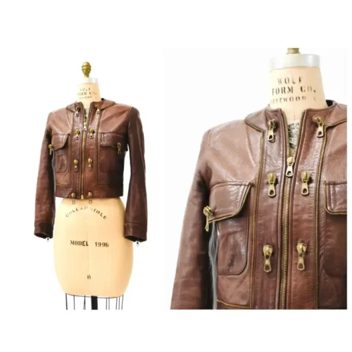 Vintage Moschino Brown Leather Jacket With Zipper Trim Cheap and Chic Made in Italy