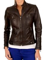 Women's Stylish Motorcycle Biker Genuine Lambskin Leather Jacket for Women Brown