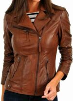 Women's Genuine Lambskin Leather Motorcycle Jacket Christmas Brown Stylish Coat