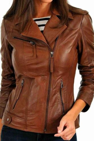 Women's Genuine Lambskin Leather Motorcycle Jacket Christmas Brown Stylish Coat
