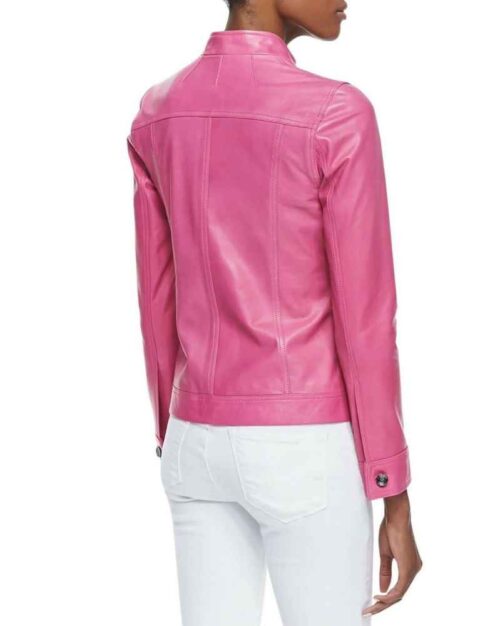 HOT Women's Genuine Lambskin Real Leather Jacket Pink Stylish Collared Biker Coat
