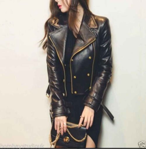 Celebrity Women's Lambskin Leather Black Jacket Motorcycle Slim Fit Biker