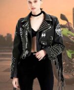 Premium Fringed Studding Rivet Biker Faux leather Jacket Top Women , Slim Fit, Punk Style , Hip Hop Outfit, Zip Up Tassel Game Queen Jacket