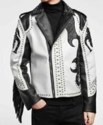 Luxury Handmade White and Black Leather Jacket, Studs Brando Custom Leather Jacket, Motorbike Studs Leather Jacket