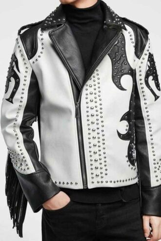 Luxury Handmade White and Black Leather Jacket, Studs Brando Custom Leather Jacket, Motorbike Studs Leather Jacket