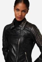 Womens Studded Leather Jacket Full Black Women Punk Silver Long Spiked Leather Brando Jacket, Magnificent Luxury Studded leather jacket